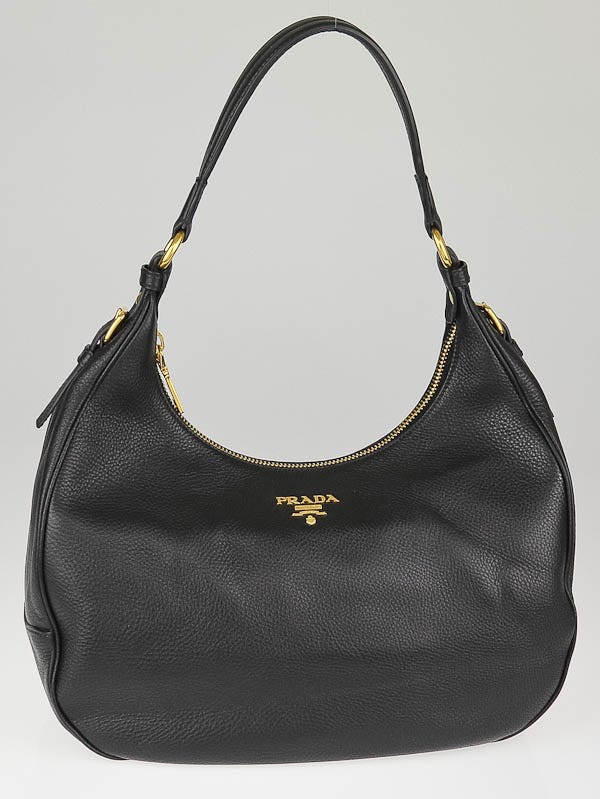 Prada Black Vitello Daino Leather Zip-Top Hobo Bag B4311M