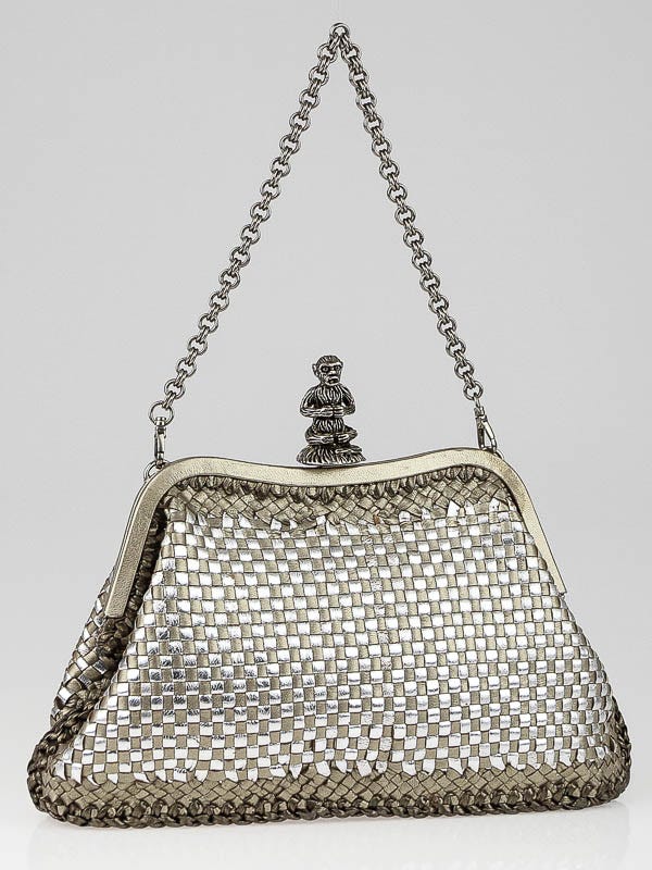 Prada Silver/Gold Woven Goatskin Leather Madras Evening Bag BN2256