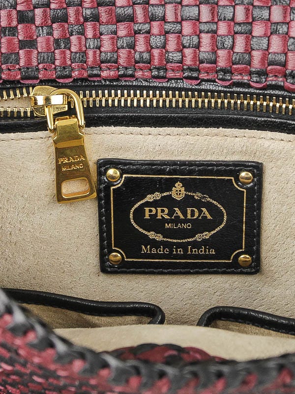 Prada Burgundy/Black Woven Goatskin Leather Madras Bag BN2115 - Yoogi's  Closet