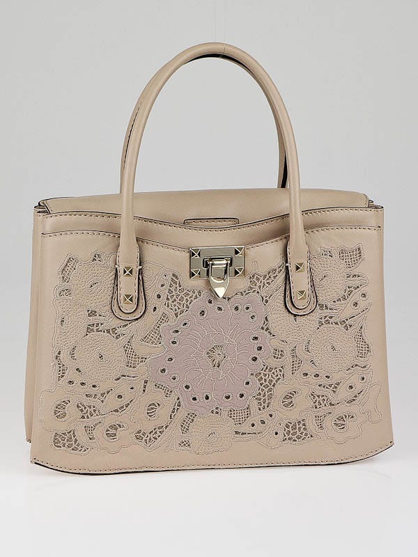 Valentino Camel Leather and Lace Cut-Out Rockstud Tote Bag