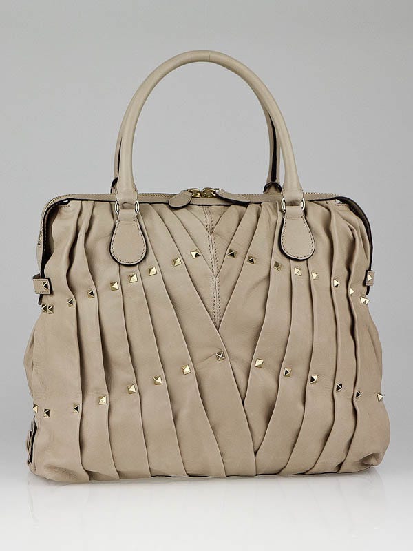 Valentino Beige Leather Maison Pintucked Shopper Tote Bag