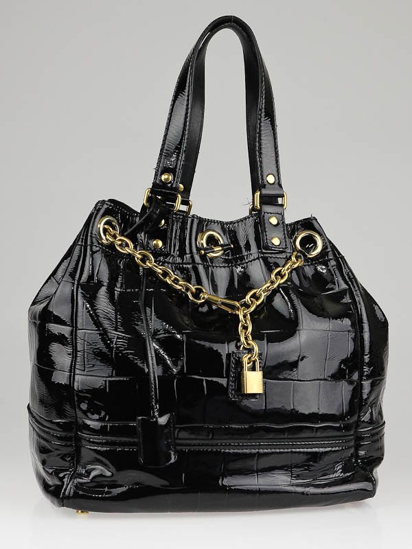 Yves Saint Laurent Black Croc Embossed Patent Leather Overseas Tote Bag