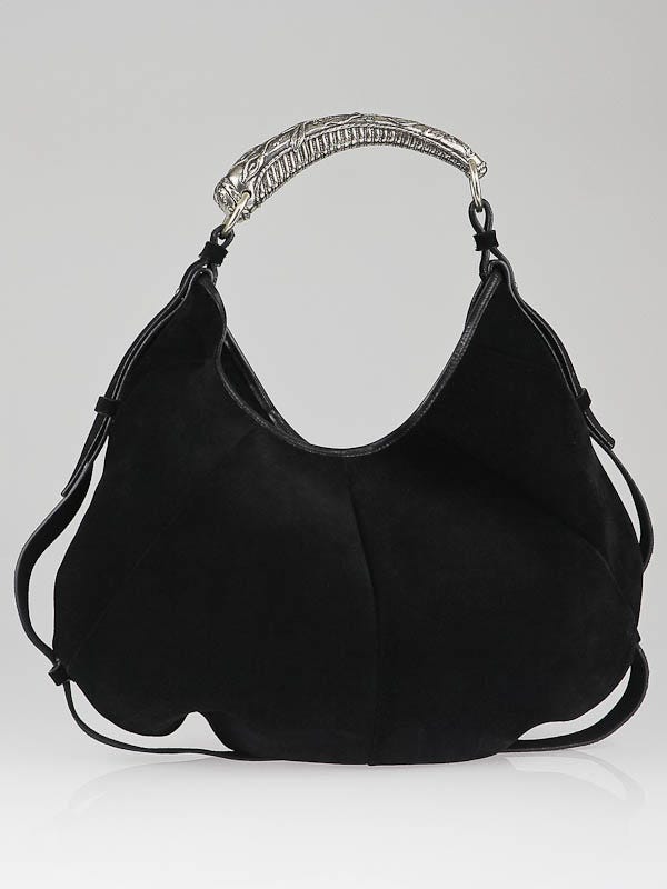 Yves Saint Laurent black suede bag with silver metal horn handle