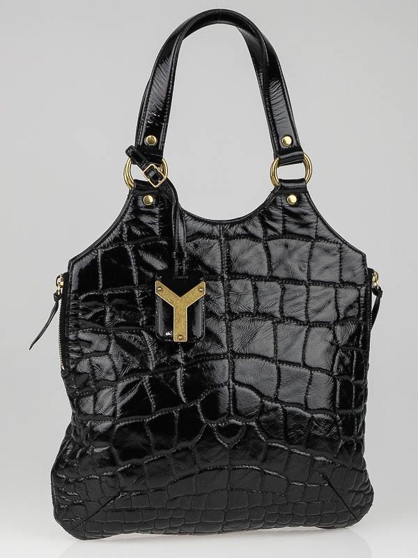 Yves Saint Laurent Black Croc Embossed Patent Leather Tribute Tote Bag