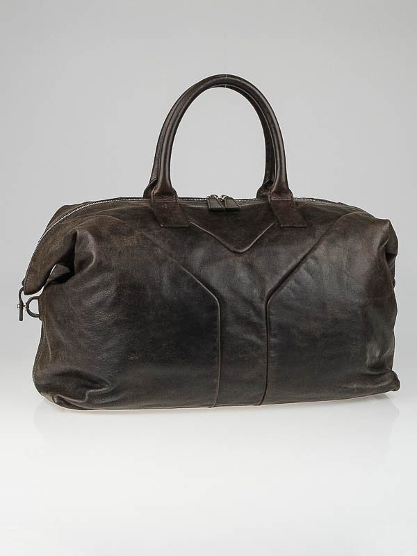 Yves Saint Laurent Brown Distressed Calfskin Leather Sac Hamptons Duffle Bag