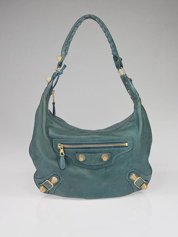 Balenciaga Aquamarine Chevre Leather Giant Gold Hobo Bag