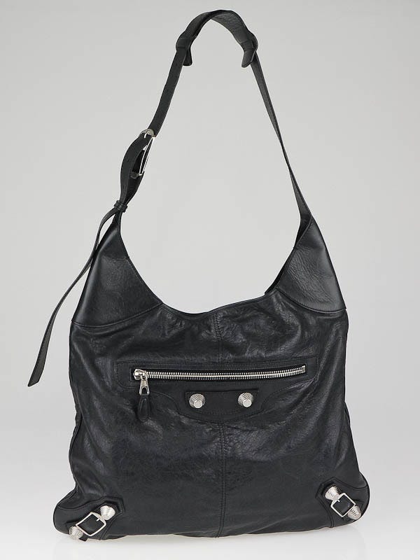 Balenciaga Black Lambskin Leather Giant Silver Maxi Besace Messenger Bag