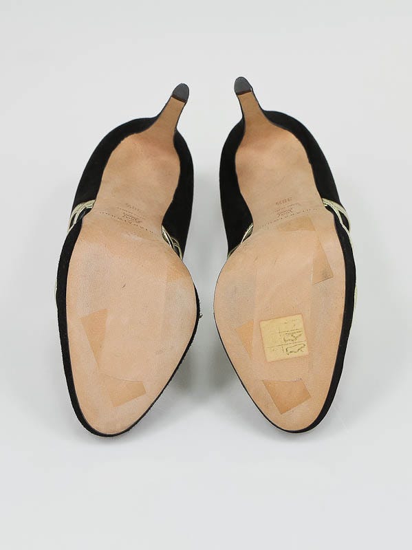Brian Atwood Black Suede Gold Patent Leather Strappy Platform Heels Size 8/38.5