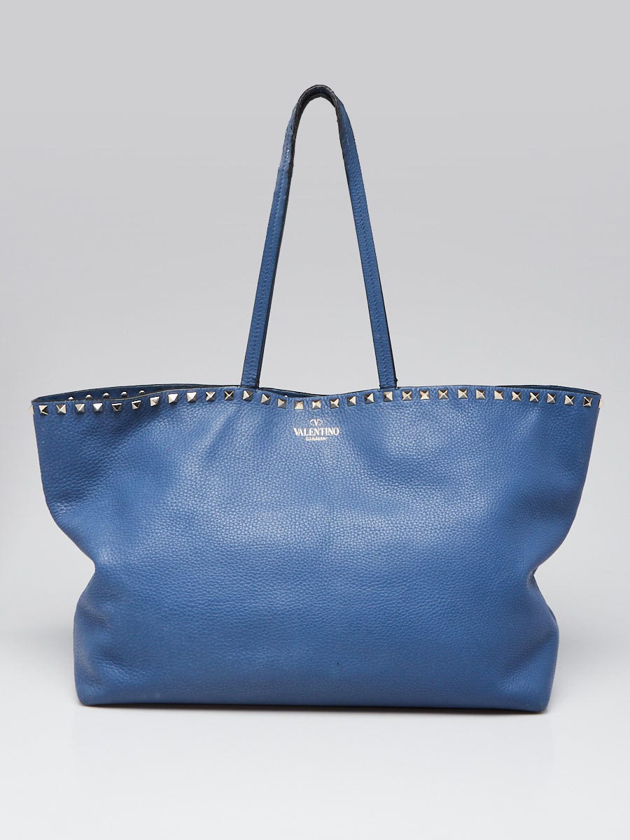 Valentino Blue Pebbled Leather Rockstud Shopper Tote Bag Yoogi's Closet