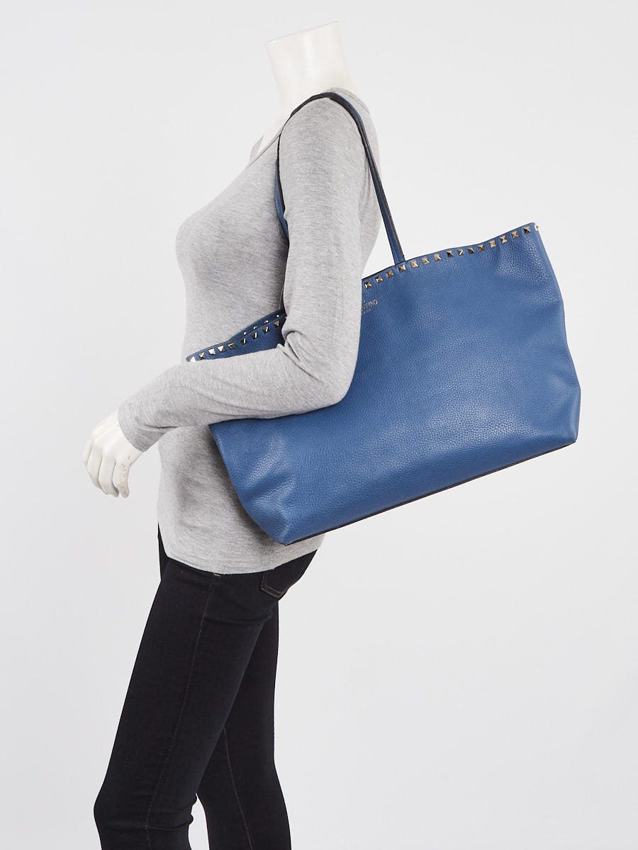 Valentino Blue Pebbled Leather Rockstud Shopper Tote Bag