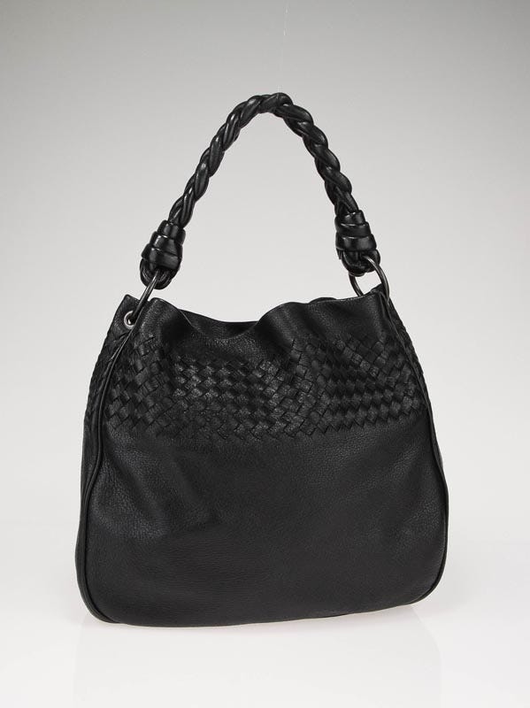 Bottega Veneta Black Leather Interacciato Hobo Shoulder Bag