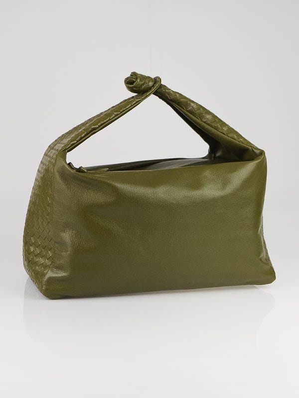 Bottega Veneta Olive Leather Woven Leather Soffiano Knot Satchel Bag