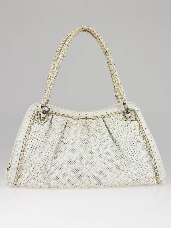 Bottega Veneta Ivory Perforated Woven Leather Satchel Bag