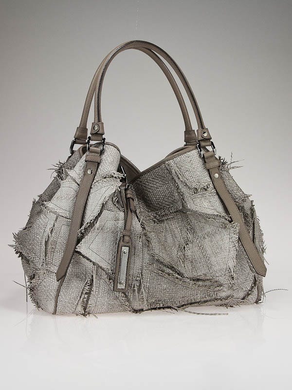 Burberry Prorsum Grey Raffia Patchwork Tote Bag