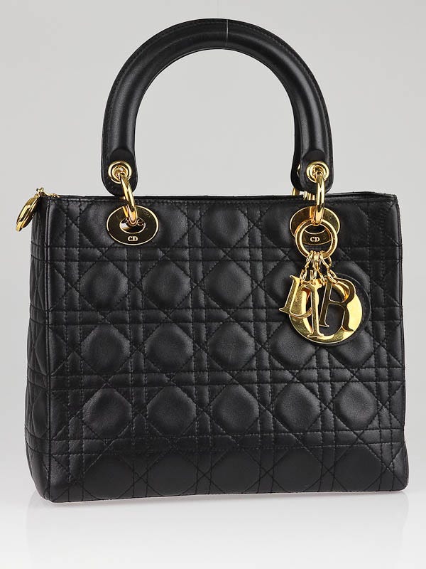 Christian Dior Black Lady Dior Cannage Lambskin Leather Medium Top Handle  Bag - Yoogi's Closet
