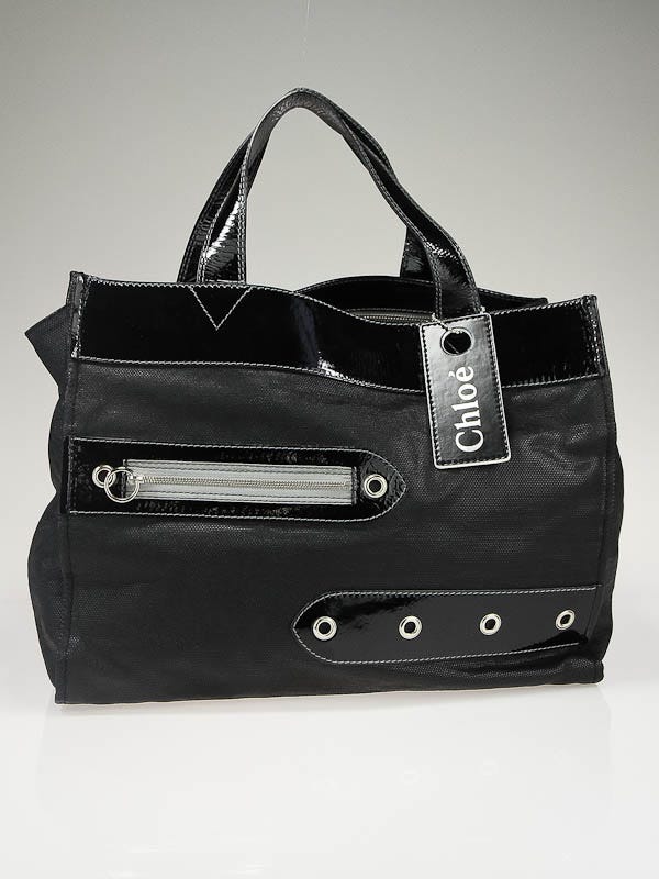 Chloe Black Coated Canvas and Patent Leather Trim Large Tote