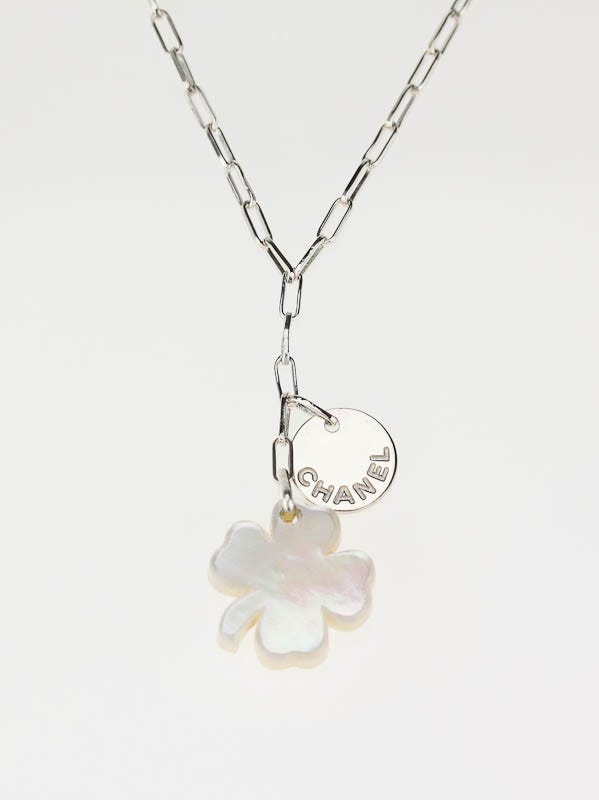 Chanel Sterling Silver and Mother-of-Pearl-Clover Tag Necklace