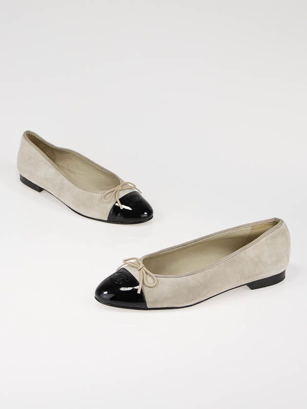 Chanel Taupe Suede and Black Patent Leather Toe-Cap Ballerina Flats Size 9/39.5