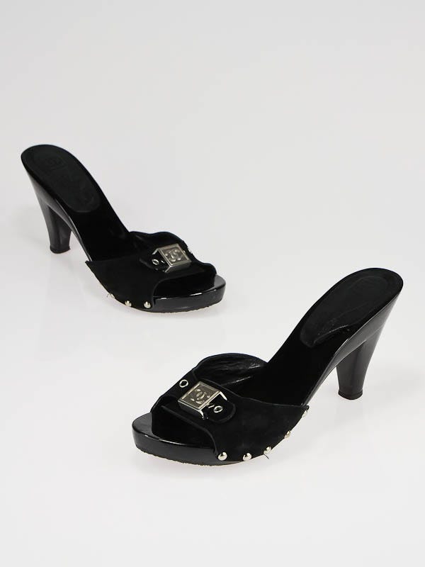 Chanel Black Suede Buckle Sandal Mules Size 7.5/38