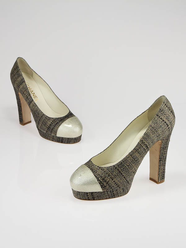 Chanel Tweed and Gold Patent Leather Cap-Toe Platform Pumps Size 7.5/38