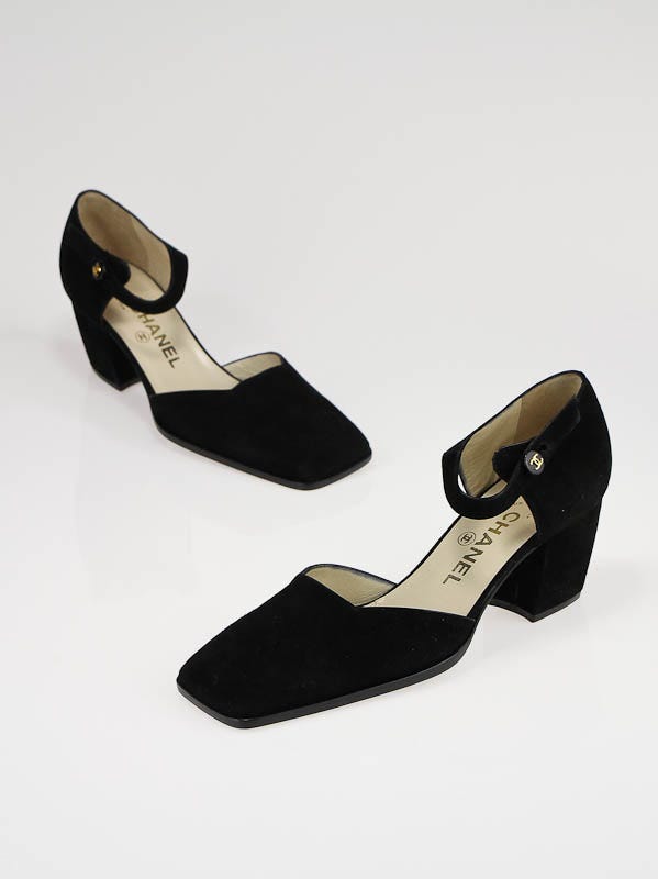 Chanel Black Suede Square Toe Heels Size 7/37.5