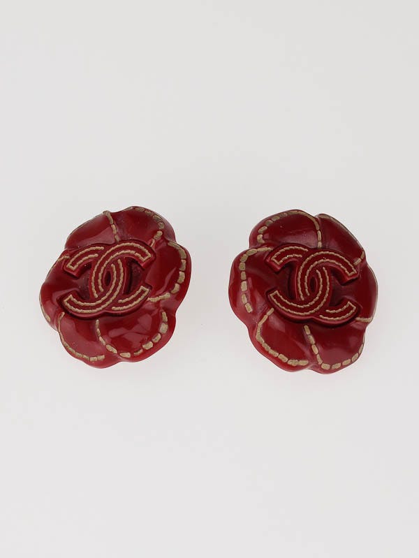 Chanel Red Camellia Flower CC Logo Clip On Earrings - Yoogi's Closet