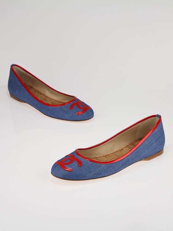Chanel Blue Denim with Red CC Logo Flats Size 9.5/40