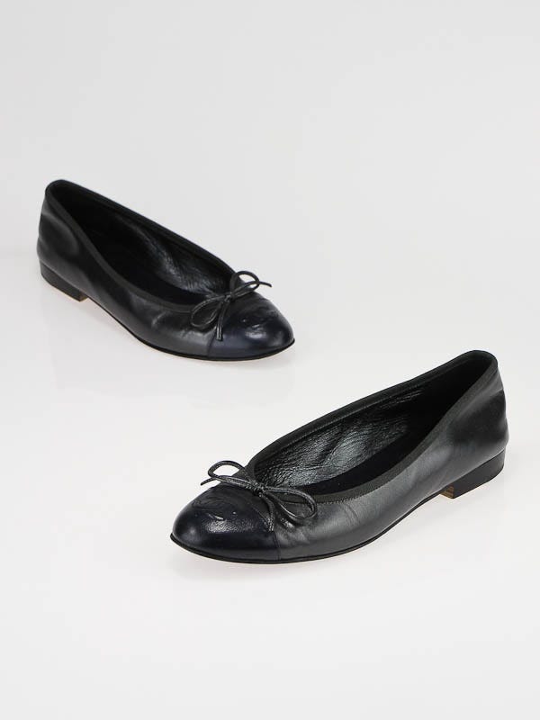 Chanel Dark Grey Leather Cap Toe Ballerina Flats Size 7/37.5