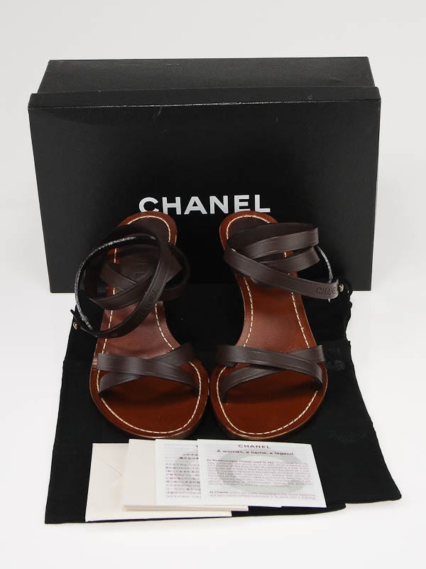 Chanel Dark Brown Leather Ankle Wrap Sandals Size 7/37.5 - Yoogi's
