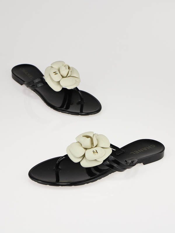 Chanel Black Rubber with Camellia Flower Thong Sandals Size 4.5/35