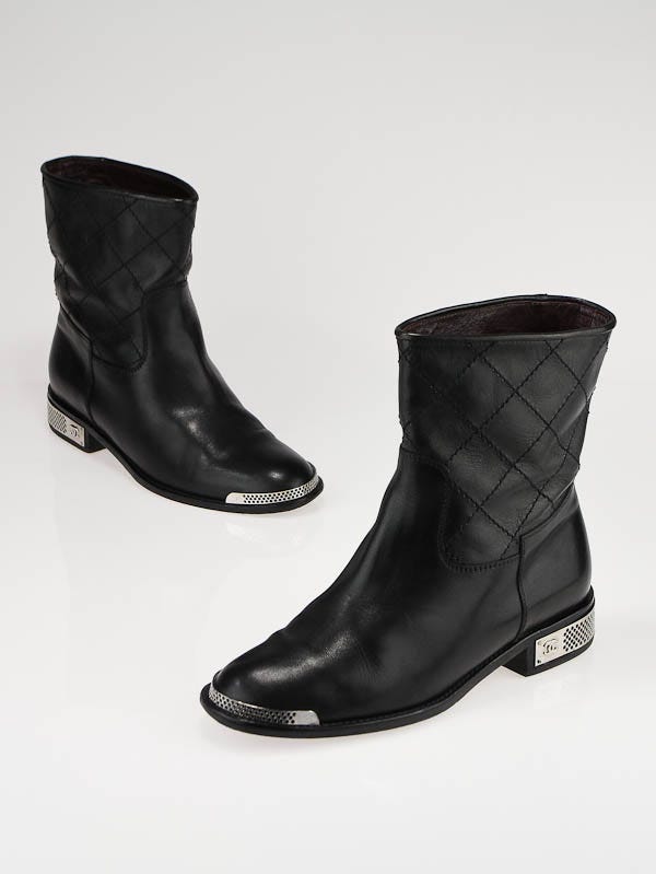 Chanel Black Quilted Leather Steel Toe Short Motorcycle Boots Size