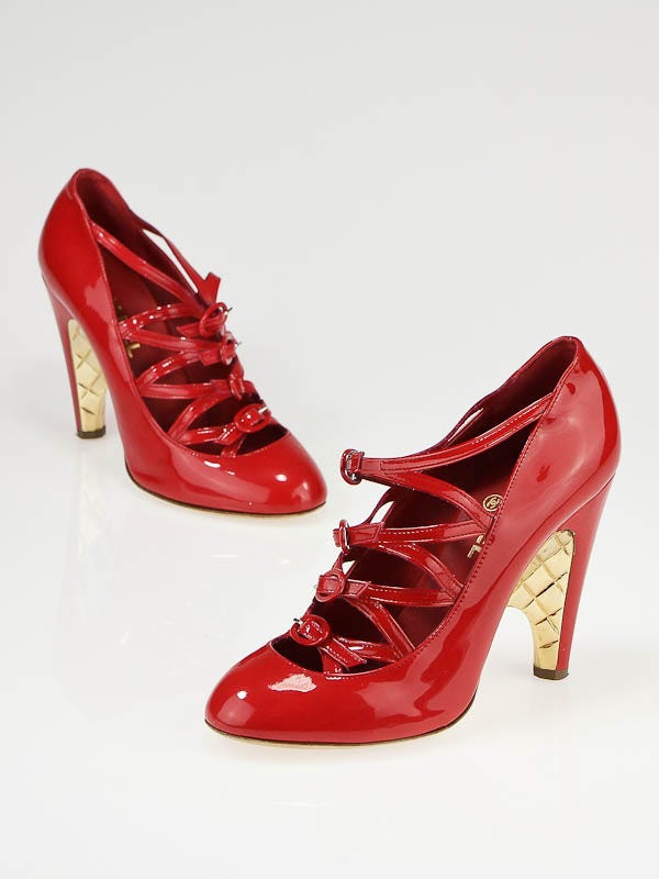 Chanel Red Patent Leather Strass Buckle Heels Size 8.5/39