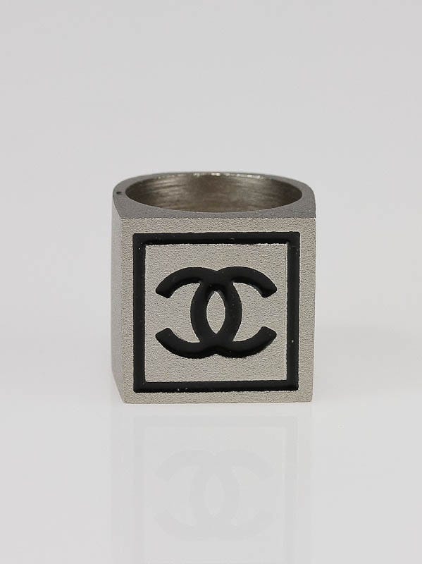Chanel Brushed Metal Black CC Logo Square Ring Size 6.5