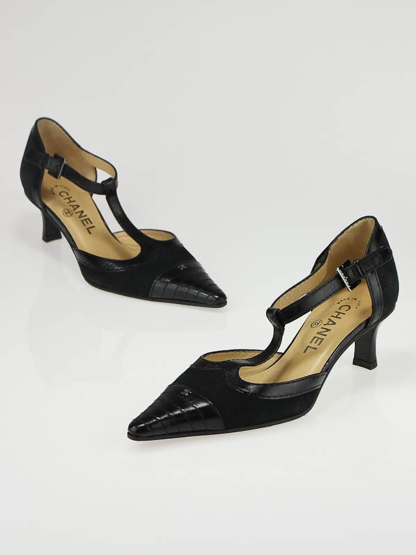 Chanel Black Suede/Leather Pointed Toe Mary Jane Kitten Heels Size  5/35.5