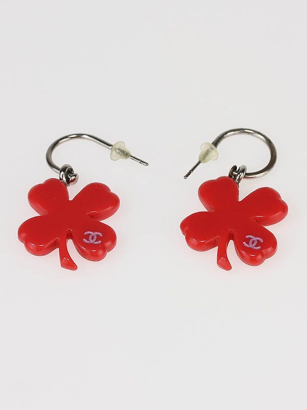 Chanel Red Resin Clover CC Logo Earrings