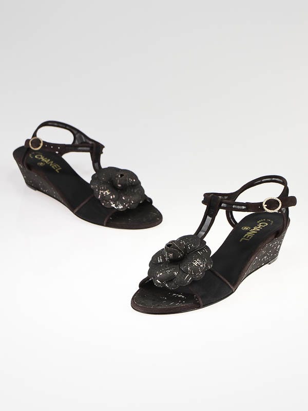 Chanel Brown Cork Camellia Flower T-strap Wedge Sandal 9/39.5