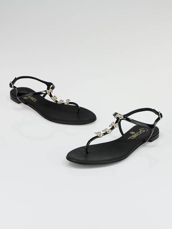 Chanel Black Patent Leather Bow T-Strap Thong Sandals Size 7/37.5