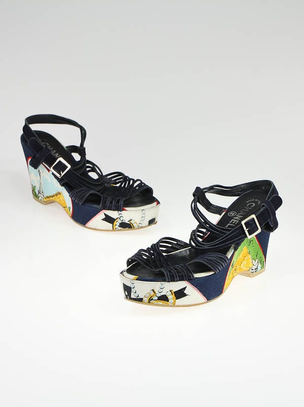 Chanel Navy Ladybug Canvas Wedges Size 6/36.5