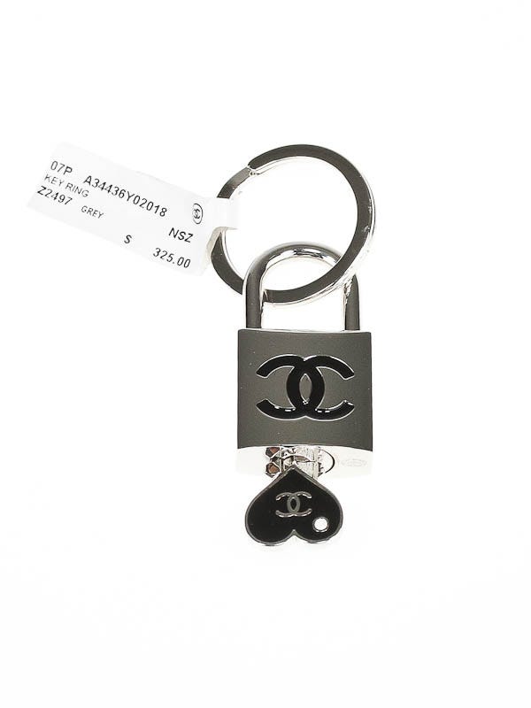 Chanel Silvertone CC Lock and Heart Key Chain