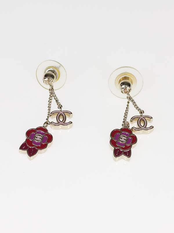 Chanel Pink/Red Camellia Flower CC Dangle Earrings | Yoogi's Closet