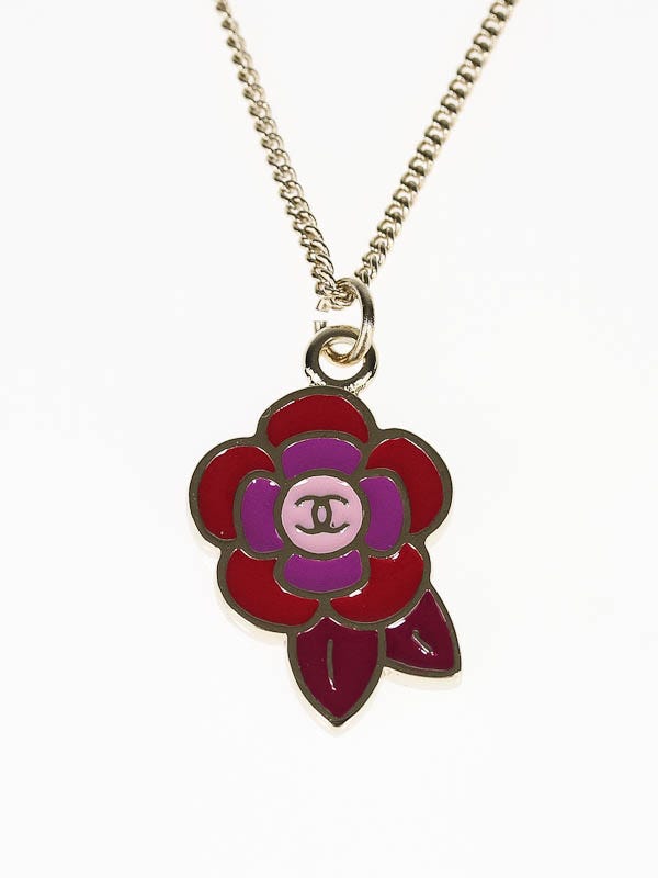 Chanel Pink/Red Camellia Flower CC Pendant Necklace