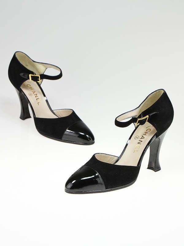 Chanel Black Suede and Patent Leather Cap Toe Mary-Jane Heels Size 8.5/39