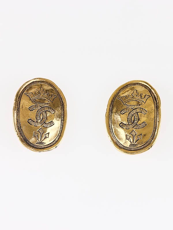 Chanel Goldtone Oval Crown Embossed CC Clip-On Earrings