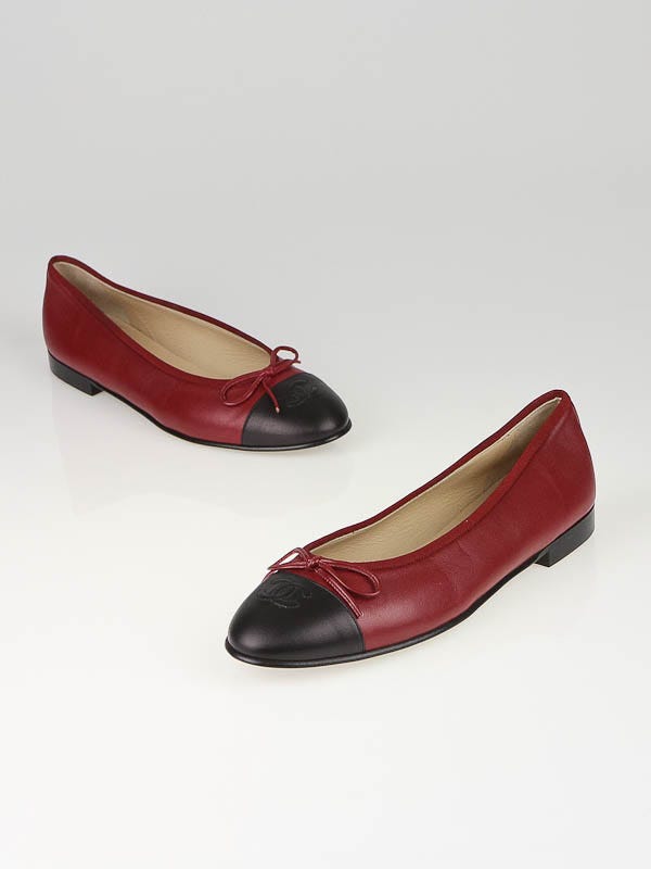 Chanel Red Leather Black Cap-Toe Ballet Flats Size 10.5/41 - Yoogi's Closet