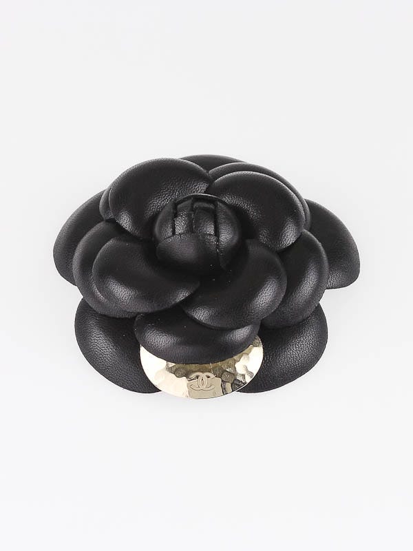 Chanel Black Leather Camellia Flower Pin