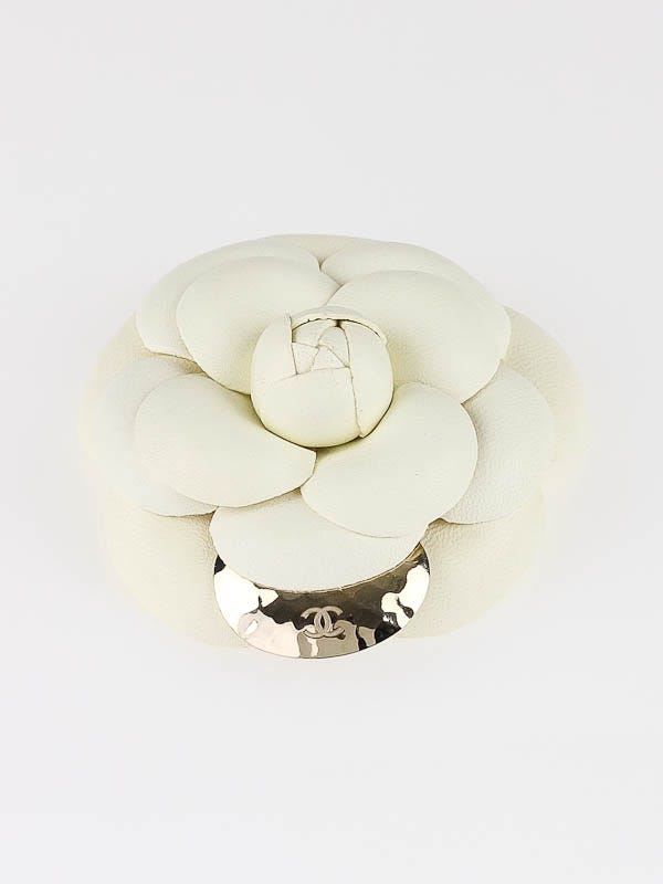 Chanel White Leather Camellia Flower Pin - Yoogi's Closet