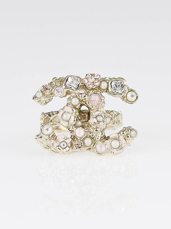 Chanel Beaded Goldtone CC Logo Ring Size 7