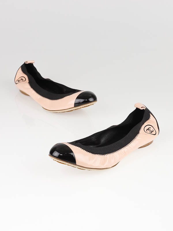 Chanel Light Pink and Black Patent Leather Elastic Ballet Flats Size 7.5/38