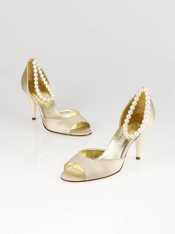 Chanel Beige Satin Peep Toe Pearl Ankle Strap Pumps Size 6.5/37