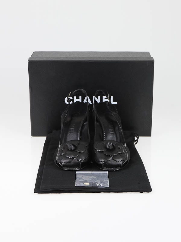 Chanel Black Mesh Canvas Camellia Flower Open Toe Slingback Pumps